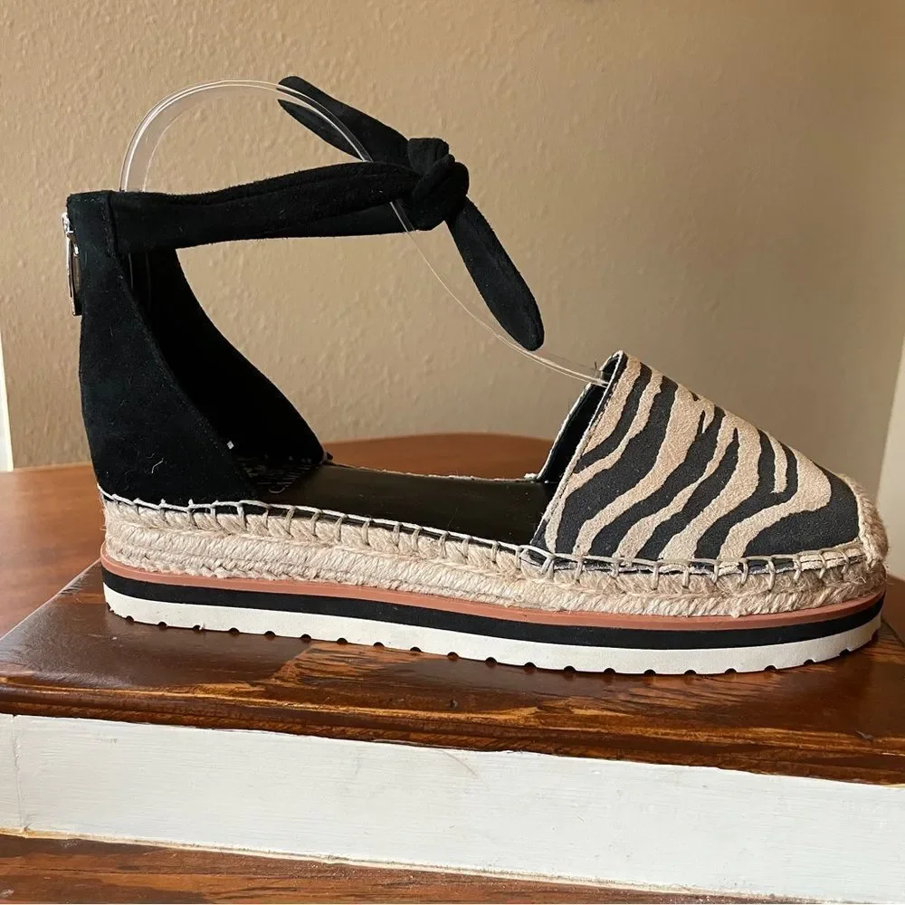 Vince Camuto Binadee Zebra Platform Espadrille Sandal Shoes Black Zip Ankle 7.5